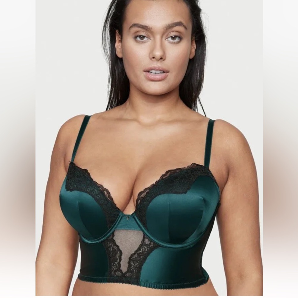 VS push up long line lace trim satin bustier NEW Size 34B teal